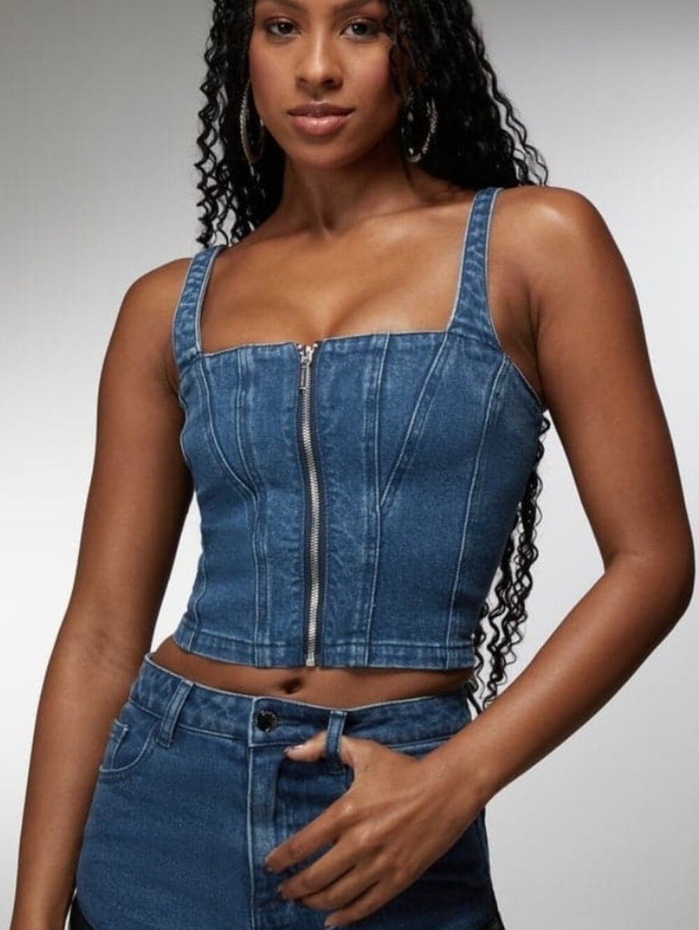 Bebe Ciara Denim Zip-Front Crop Tank Top - Blue